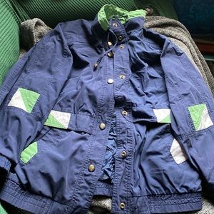 Blue and green puffer jacket